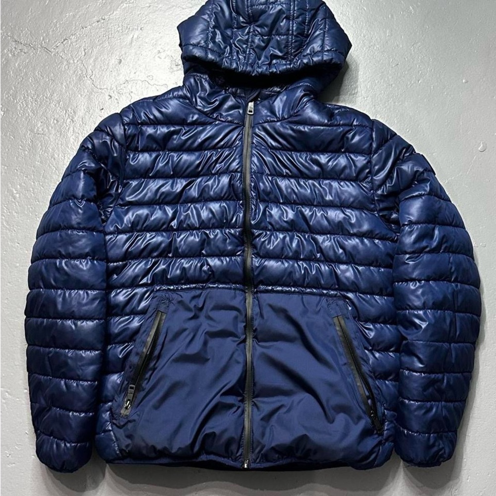 Kenneth Cole Blue Puffer Jacket with Hood and Quilted Design